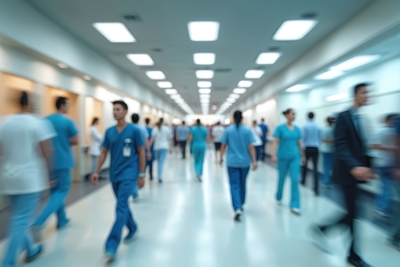 time lapse photo of hospital hallway with medical professionals