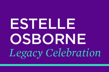 Estelle Osborne Legacy Celebration written in white with a purple background and a green stripe across the bottom