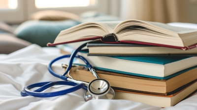 Open books stacked with stethoscope 